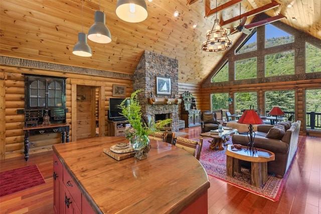 1318 Shortoff Rd, Highlands, NC 28741 - dining area featuring log walls, high vaulted ceiling, a fireplace, hardwood / wood-style floors, and wood ceiling