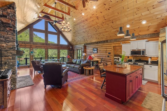 1318 Shortoff Rd, Highlands, NC 28741 - living area with rustic walls, high vaulted ceiling, wood ceiling, dark wood-style floors, and ceiling fan