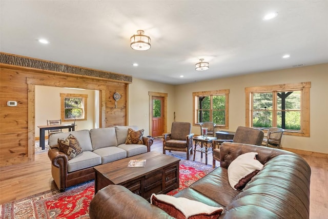 1318 Shortoff Rd, Highlands, NC 28741 - living area featuring wood finished floors, recessed lighting, plenty of natural light, wooden walls, and baseboards