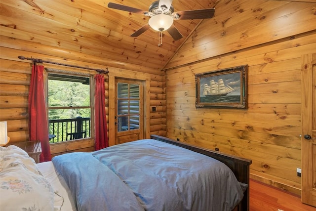 1318 Shortoff Rd, Highlands, NC 28741 - bedroom with rustic walls, lofted ceiling, wood ceiling, access to outside, and wood finished floors