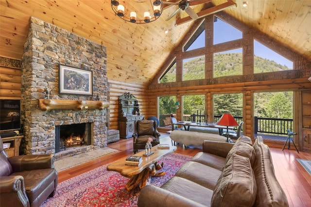 1318 Shortoff Rd, Highlands, NC 28741 - living room with log walls, high vaulted ceiling, wood-type flooring, a stone fireplace, and wooden ceiling