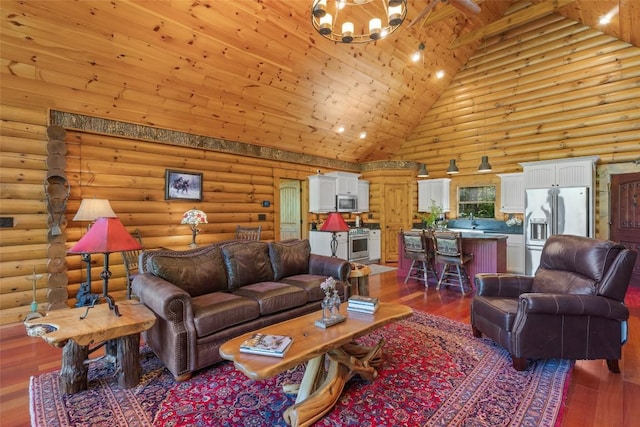 1318 Shortoff Rd, Highlands, NC 28741 - living room featuring high vaulted ceiling, log walls, hardwood / wood-style floors, a chandelier, and wooden ceiling