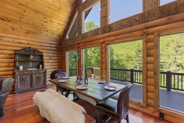 1318 Shortoff Rd, Highlands, NC 28741 - dining area featuring high vaulted ceiling, hardwood / wood-style floors, wooden ceiling, and log walls