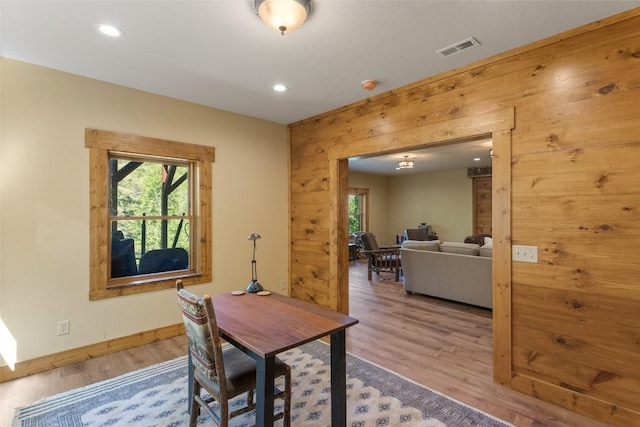 1318 Shortoff Rd, Highlands, NC 28741 - home office with wood finished floors, baseboards, recessed lighting, and wooden walls