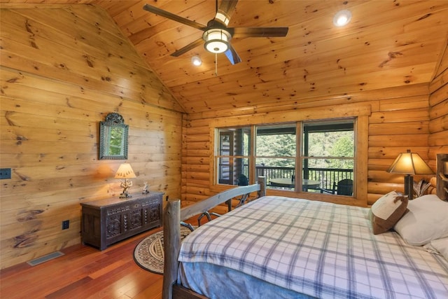 1318 Shortoff Rd, Highlands, NC 28741 - bedroom featuring wooden ceiling, wood finished floors, access to outside, log walls, and lofted ceiling