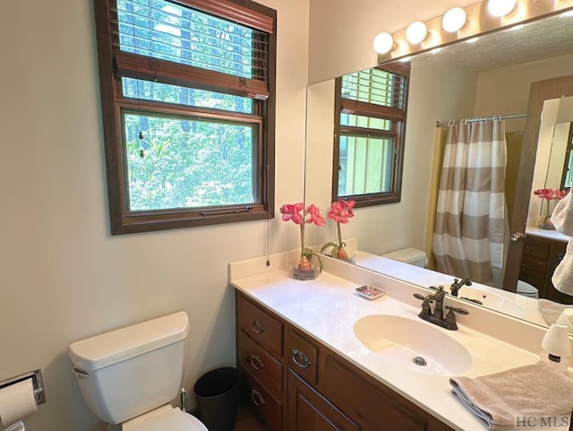 bathroom with vanity, toilet, and curtained shower