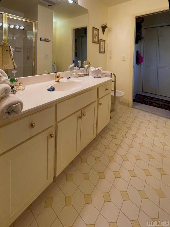 bathroom featuring vanity and a shower with shower door