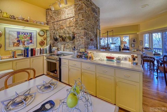 kitchen with stainless steel range with electric stovetop, rail lighting, light hardwood / wood-style floors, and kitchen peninsula