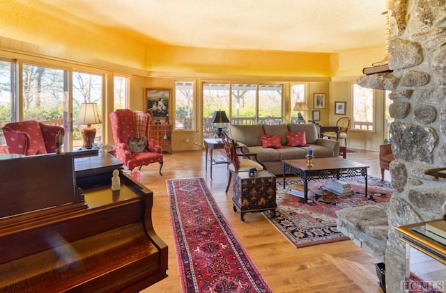 living room with hardwood / wood-style flooring, a stone fireplace, and a healthy amount of sunlight