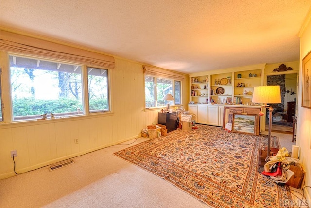 interior space with built in shelves, wooden walls, and a textured ceiling