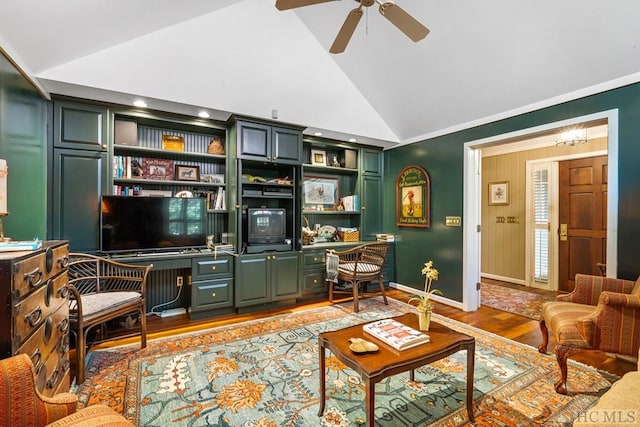 living room with high vaulted ceiling, light hardwood / wood-style flooring, ceiling fan, and built in desk