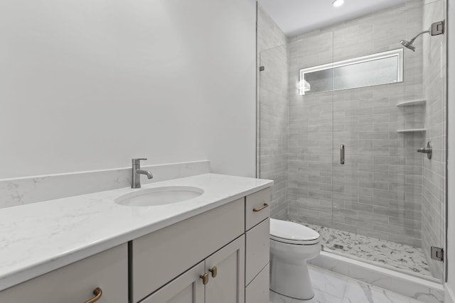 1310 New Settlers Way, Glenville, NC 28736 - full bathroom featuring vanity, a shower stall, marble finish floors, and recessed lighting