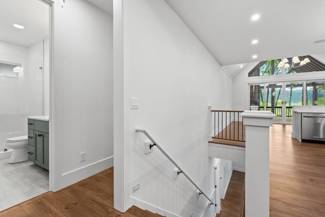 1310 New Settlers Way, Glenville, NC 28736 - stairway with wood finished floors, recessed lighting, and high vaulted ceiling