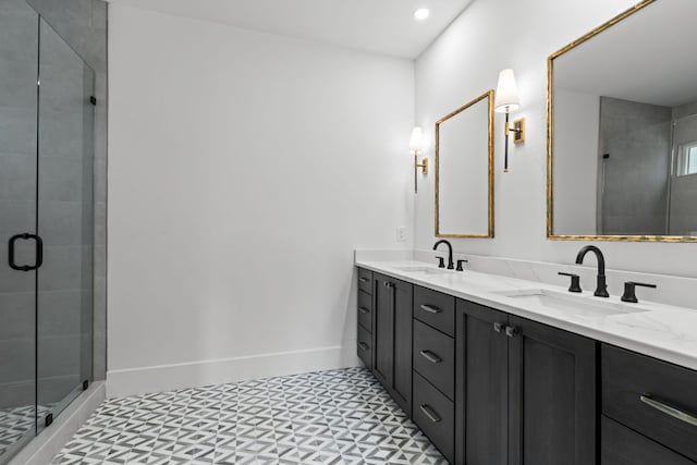1310 New Settlers Way, Glenville, NC 28736 - bathroom featuring double vanity, a stall shower, and tile patterned floors