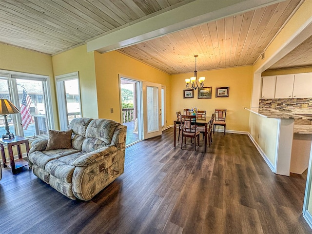 34 Sun Valley Cir Unit 8001, Sky Valley, GA 30537 - living room with plenty of natural light, a chandelier, dark wood finished floors, and a wooden ceiling with exposed beams