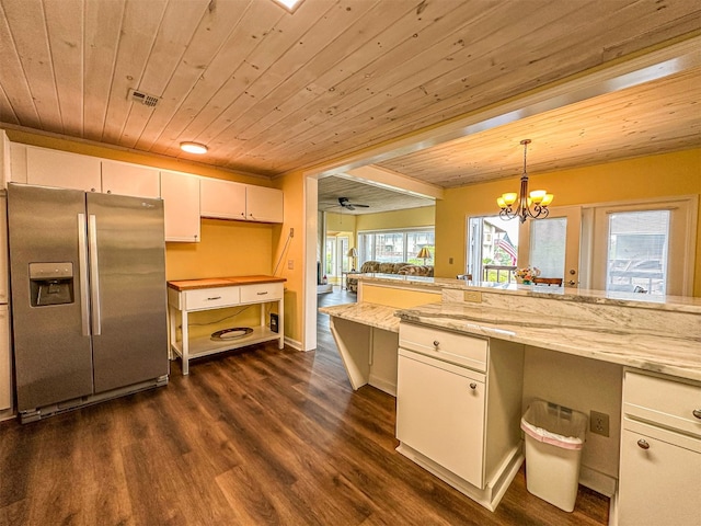 34 Sun Valley Cir Unit 8001, Sky Valley, GA 30537 - kitchen with stainless steel fridge, wooden ceiling, dark wood-type flooring, white cabinetry, and a chandelier