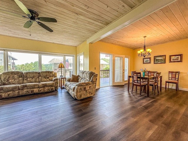 34 Sun Valley Cir Unit 8001, Sky Valley, GA 30537 - living room featuring a chandelier, a wood ceiling with exposed beams, dark wood-style floors, and ceiling fan