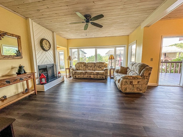 34 Sun Valley Cir Unit 8001, Sky Valley, GA 30537 - living room featuring wood ceiling, healthy amount of natural light, ceiling fan, a fireplace with raised hearth, and dark wood finished floors