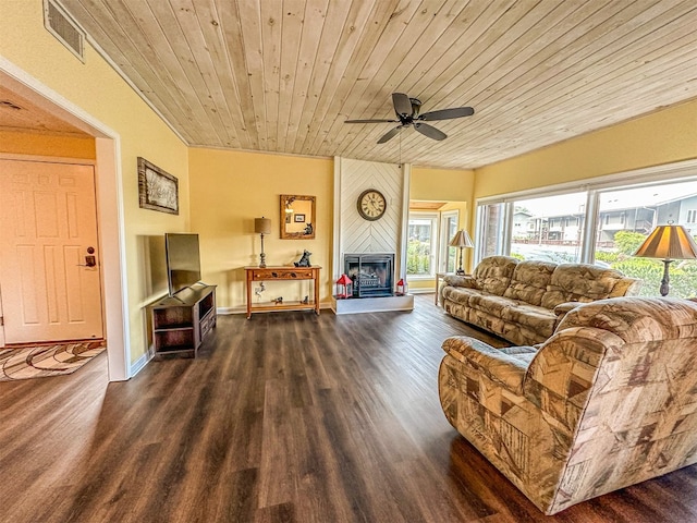 34 Sun Valley Cir Unit 8001, Sky Valley, GA 30537 - living room featuring ceiling fan, wooden ceiling, dark wood-type flooring, and a large fireplace