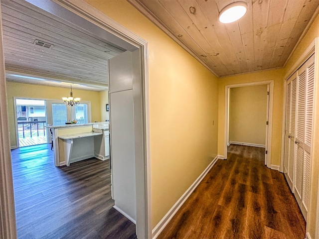 34 Sun Valley Cir Unit 8001, Sky Valley, GA 30537 - corridor with a chandelier, wooden ceiling, dark wood-style floors, and ornamental molding