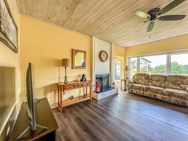 34 Sun Valley Cir Unit 8001, Sky Valley, GA 30537 - living area with wooden ceiling, ceiling fan, dark wood-style floors, and a fireplace