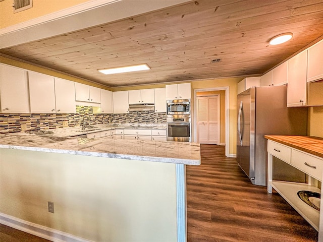 34 Sun Valley Cir Unit 8001, Sky Valley, GA 30537 - kitchen featuring stainless steel appliances, under cabinet range hood, wooden ceiling, a peninsula, and dark wood-style floors