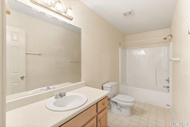 full bath with tile patterned flooring, bathing tub / shower combination, visible vents, toilet, and vanity