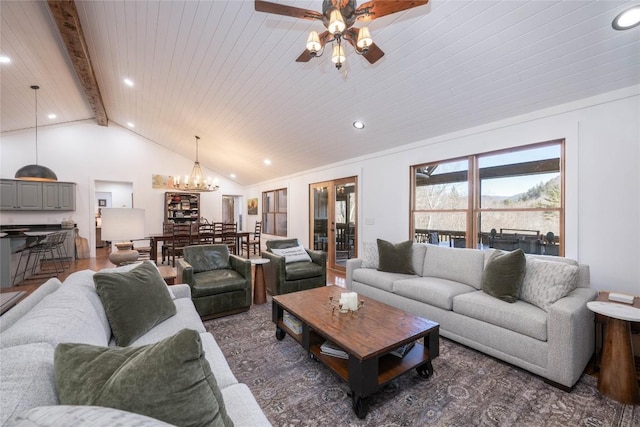 living room with vaulted ceiling with beams, wood finished floors, and recessed lighting