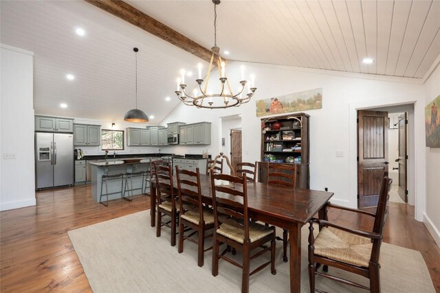 dining area with baseboards, light wood-style flooring, wood ceiling, vaulted ceiling with beams, and recessed lighting