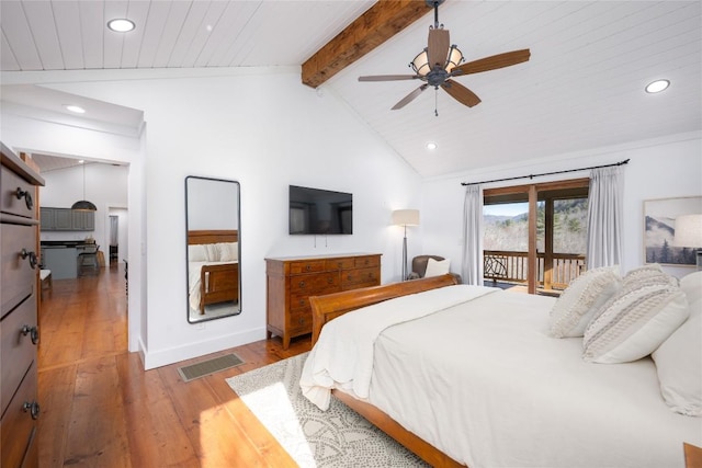 bedroom with access to exterior, recessed lighting, visible vents, lofted ceiling with beams, and wood finished floors