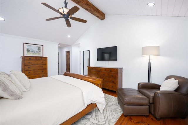 bedroom with recessed lighting, vaulted ceiling with beams, and wood finished floors