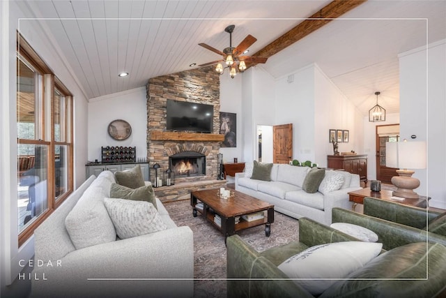 living room featuring high vaulted ceiling, a stone fireplace, wooden ceiling, ceiling fan with notable chandelier, and beam ceiling