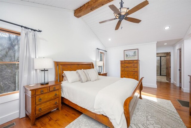 bedroom featuring baseboards, visible vents, lofted ceiling with beams, wood finished floors, and recessed lighting