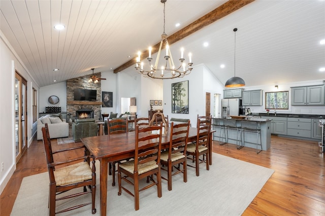 dining space with wooden ceiling, vaulted ceiling with beams, light wood-style floors, a fireplace, and recessed lighting