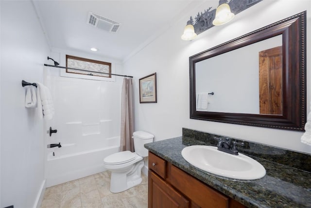 full bathroom with toilet, visible vents, shower / bath combo with shower curtain, and vanity