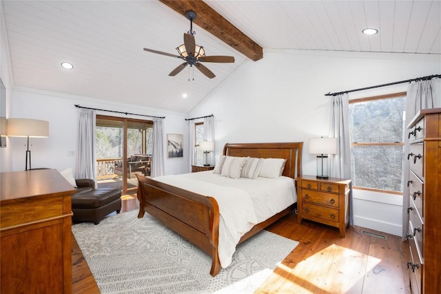 bedroom with vaulted ceiling with beams, access to exterior, hardwood / wood-style flooring, and recessed lighting