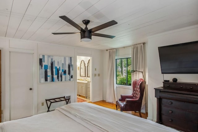 15 Elm Ct, Highlands, NC 28741 - bedroom with wooden ceiling, connected bathroom, ceiling fan, and wood finished floors