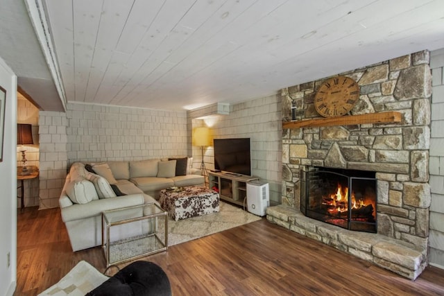 15 Elm Ct, Highlands, NC 28741 - living area featuring a stone fireplace, wood finished floors, and wood ceiling