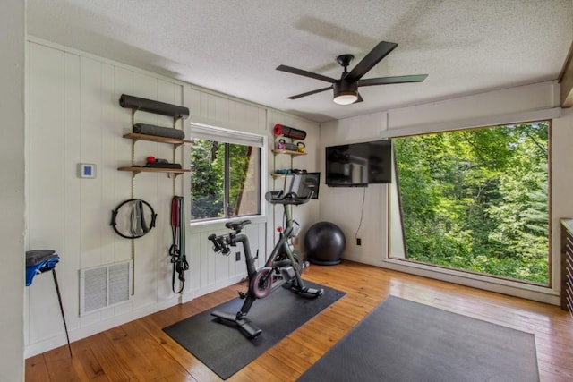 15 Elm Ct, Highlands, NC 28741 - exercise room featuring a ceiling fan, a textured ceiling, and hardwood / wood-style floors