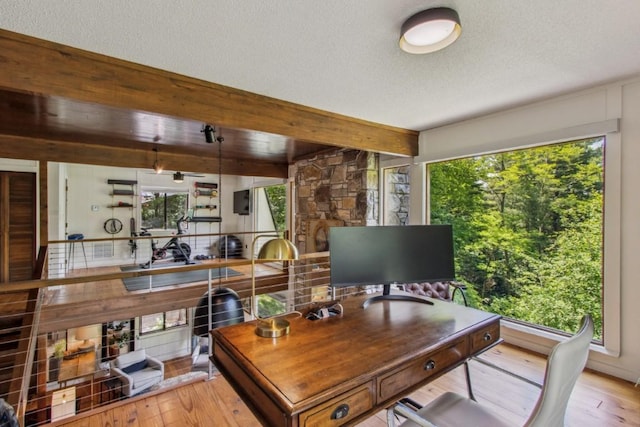 15 Elm Ct, Highlands, NC 28741 - office featuring hardwood / wood-style floors, healthy amount of natural light, a textured ceiling, and beam ceiling