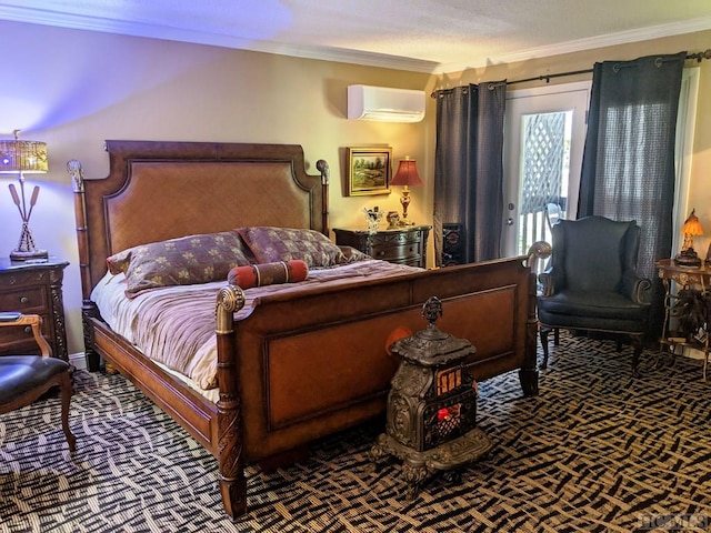 bedroom with ornamental molding and an AC wall unit