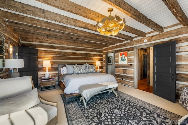 bedroom featuring wooden walls, beam ceiling, and a notable chandelier