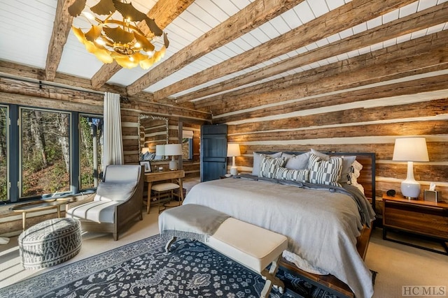 bedroom featuring wooden ceiling, log walls, and beam ceiling