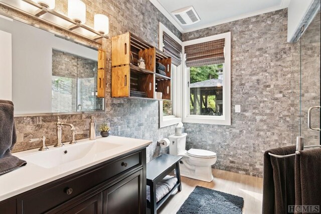 bathroom with hardwood / wood-style flooring, vanity, toilet, and an enclosed shower