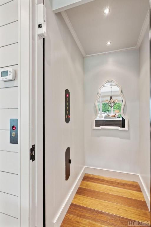 room details with crown molding and wood-type flooring