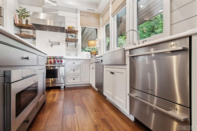 kitchen with stainless steel appliances, ventilation hood, white cabinets, and dark hardwood / wood-style flooring