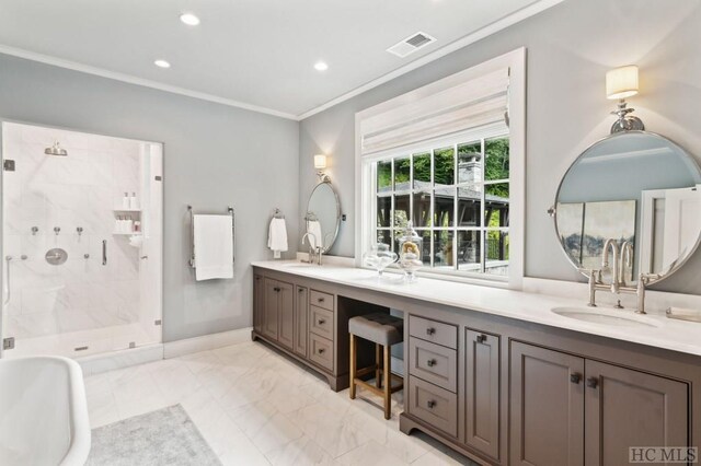 bathroom with crown molding, shower with separate bathtub, and vanity