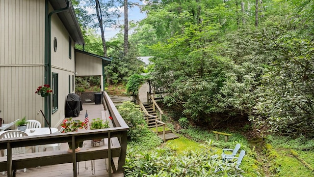 145 Mount Lori Dr, Highlands, NC 28741 - view of yard featuring a wooden deck, outdoor dining space, and stairs