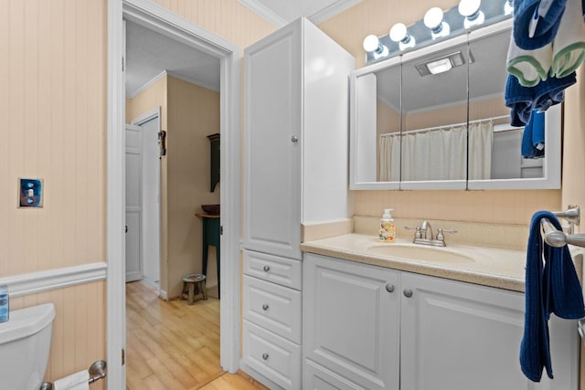145 Mount Lori Dr, Highlands, NC 28741 - full bath featuring ornamental molding, vanity, wood finished floors, and wood walls