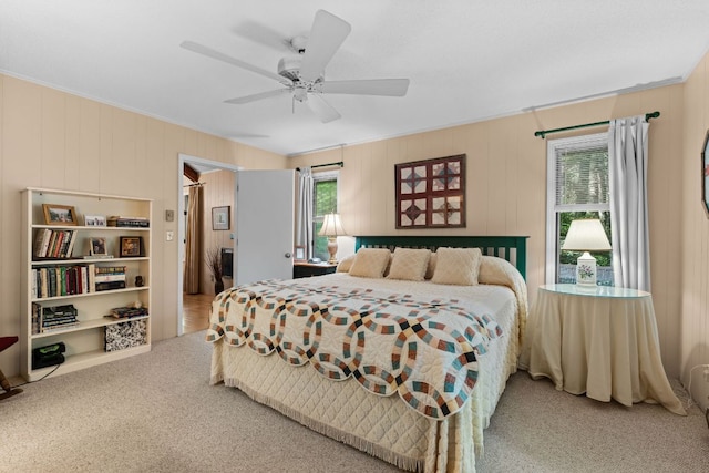 145 Mount Lori Dr, Highlands, NC 28741 - bedroom with carpet, a ceiling fan, wooden walls, and ornamental molding